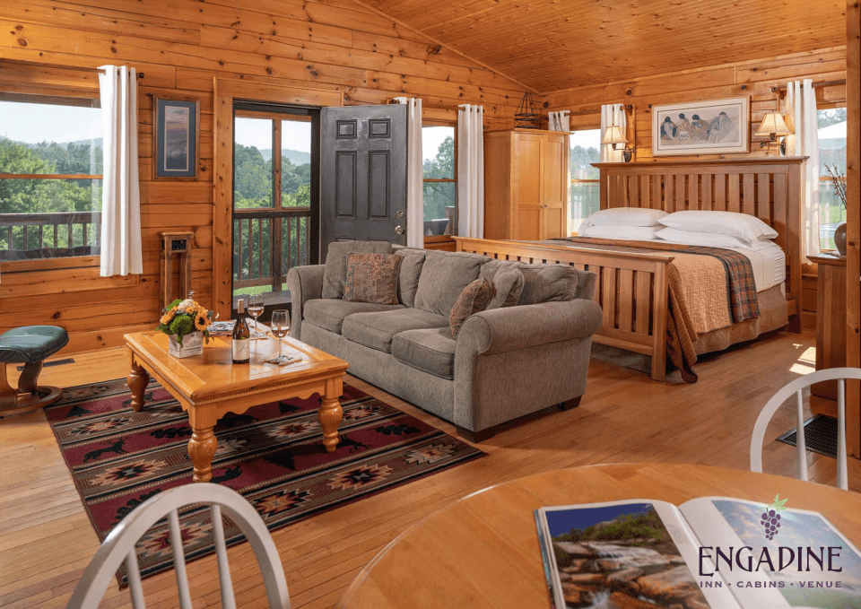 Collage highlighting a cabin stay at Engadine Inn and Cabins. Collage highlighting a cabin stay at Engadine Inn and Cabins.